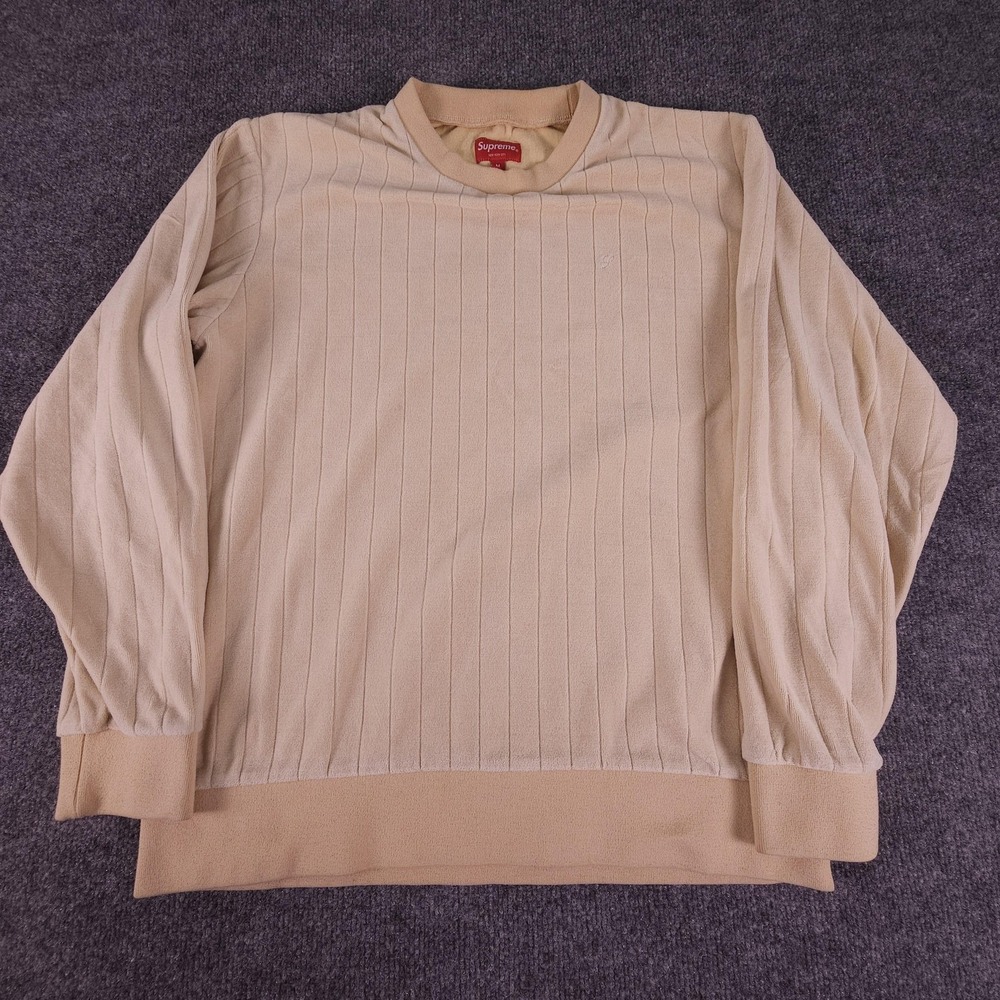 Supreme Sweatshirt Mens Medium‎ Beige Crewneck Ribbed Textured Pullover Script S